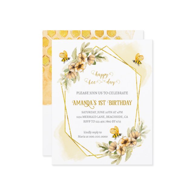 ハッピービーデイファースト誕生日招待状 (正面/裏面インサイチュ)