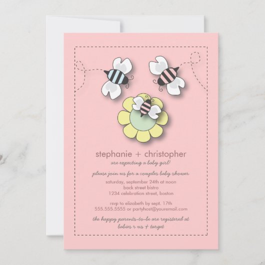 ハッピービーファミリーカップルが女の子のためにベビーシャワーを浴びる 招待状 (正面)