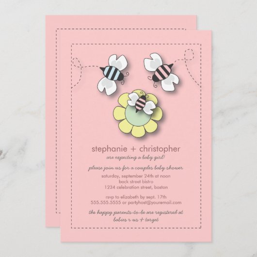 ハッピービーファミリーカップルが女の子のためにベビーシャワーを浴びる 招待状 (正面/裏面)