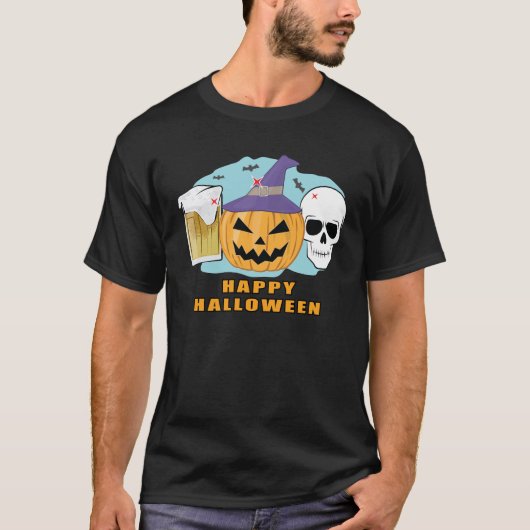 ハッピービールハロウィン不気味-スカルとカボチャ Tシャツ (正面)