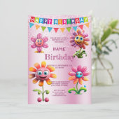 ハッピーピンクの花の誕生日パーティーの招待状 招待状 (スタンド正面)