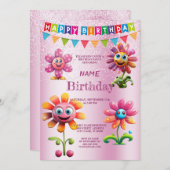 ハッピーピンクの花の誕生日パーティーの招待状 招待状 (正面/裏面)