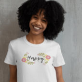 ハッピーピンクの野花とスクリプト書道引用文 Tシャツ