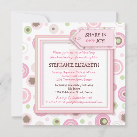ハッピーピンクドットベイビーガール《キリスト教》洗礼式や命名式招待状 招待状 (正面)