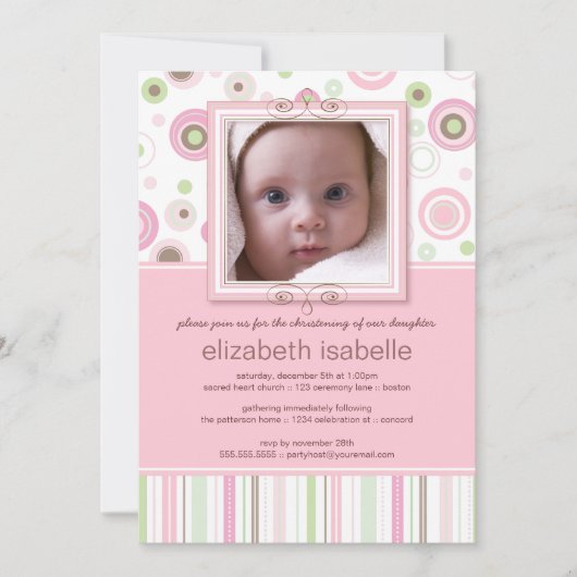 ハッピーピンクドットベビーフォト《キリスト教》洗礼式や命名式招待状 招待状 (正面)
