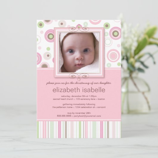 ハッピーピンクドットベビーフォト《キリスト教》洗礼式や命名式招待状 招待状 (スタンド正面)