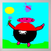 ハッピーピンクピグとヒマワリ&バタフライキッズアート ポスター (正面)