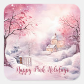 ハッピーピンクホリデーズクリスマススノーシーン スクエアシール (正面)