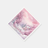 ハッピーピンクホリデーズクリスマススノーシーン スタンダードカクテルナプキン (角)