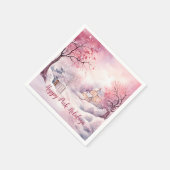 ハッピーピンクホリデーズクリスマススノーシーン スタンダードカクテルナプキン (角)