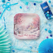 ハッピーピンクホリデーズクリスマススノーシーン ペーパープレート (パーティー)