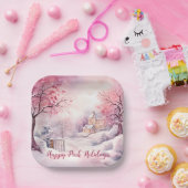 ハッピーピンクホリデーズクリスマススノーシーン ペーパープレート (パーティー)