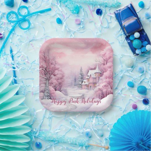 ハッピーピンクホリデーズクリスマススノーシーン ペーパープレート (パーティー)