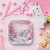 ハッピーピンクホリデーズクリスマススノーシーン ペーパープレート (パーティー)