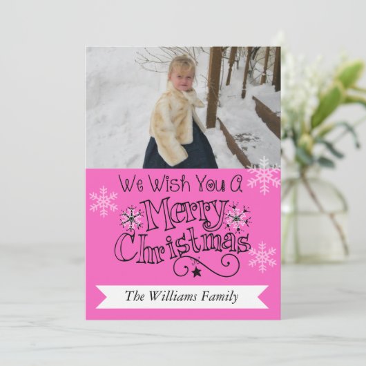 ハッピーピンクメリークリスマスフォトホリデーカード シーズンカード (スタンド正面)