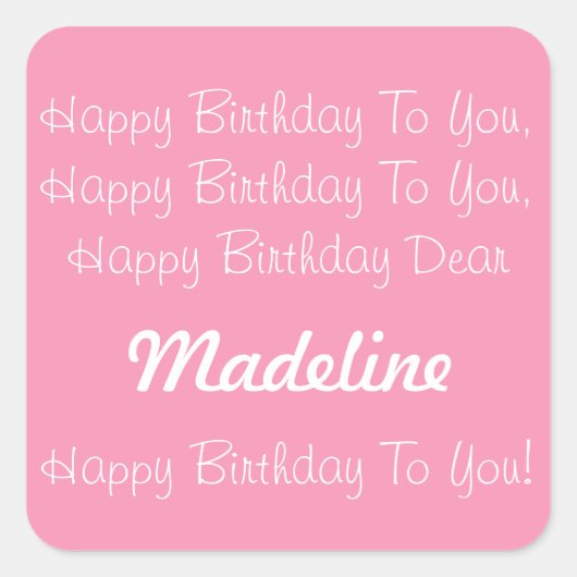 ハッピーピンク&ホワイトパーソナライズされた誕生日ソング スクエアシール (正面)