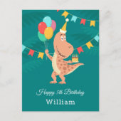 ハッピーファイブお誕生日ケーキバルーンキュート恐竜 ポストカード (正面)