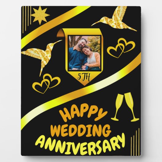 ハッピーファイブウェディングアニバーサリー ブラック&ゴールド モダン フォトプラーク (正面)