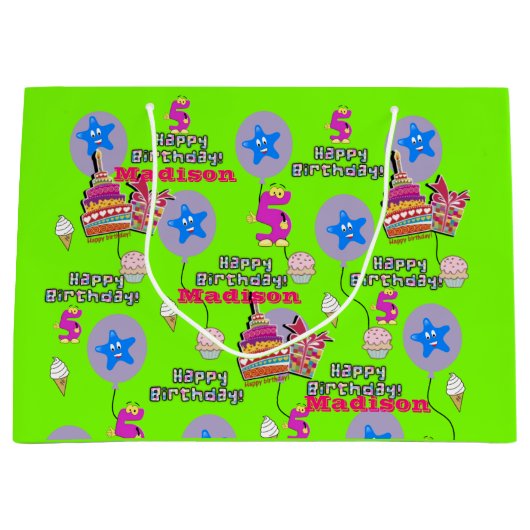 ハッピーファイブ誕生日抱き枕#5グリーン ラージペーパーバッグ (正面)