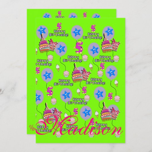 ハッピーファイブ誕生日招待状誕生日#5グリーン 招待状 (正面/裏面)