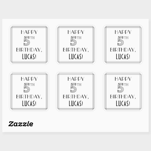 ハッピーファイブ誕生日、アールデコスタイル、名前をカスタムする スクエアシール (シート)