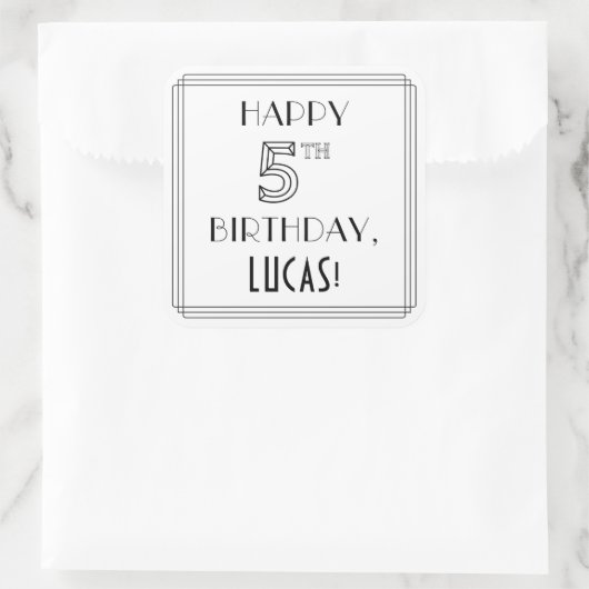 ハッピーファイブ誕生日、アールデコスタイル、名前をカスタムする スクエアシール (バッグ)