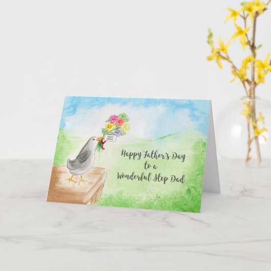 ハッピーファーザーズデイステップパパバードフラワーアート カード (黄色い花)