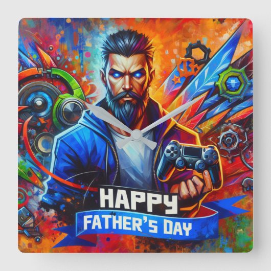ハッピーファーザーズデイダディーゲーマー | スクエア壁時計 (正面)