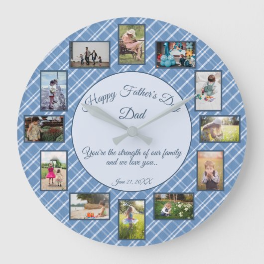 ハッピーファーザーズデイブループレイドファミリー写真テンプレート ラージ壁時計 (正面)