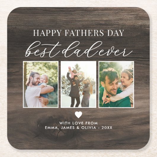 ハッピーファーザーズ最高のデーパパEver 3 Photo Collage スクエアペーパーコースター (正面)