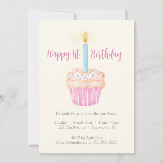 ハッピーファーストバースデーカップケーキパーティの招待状 招待状 (正面)