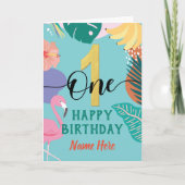 ハッピーファーストバースデーパステルトロピカルフラミンゴフローラ カード (正面)