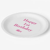ハッピーファーストバースデーピンクホワイト名前をカスタムする ガーリー ペーパープレート (アングル)