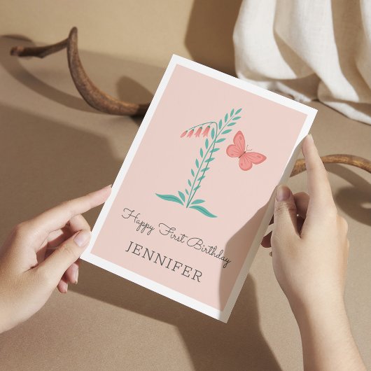 ハッピーファーストバースデーベビーガールバタフライフローラカード