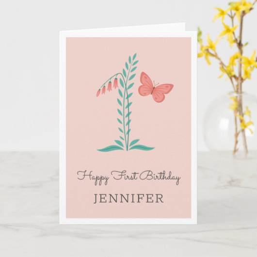 ハッピーファーストバースデーベビーガールバタフライフローラカード カード (黄色い花)