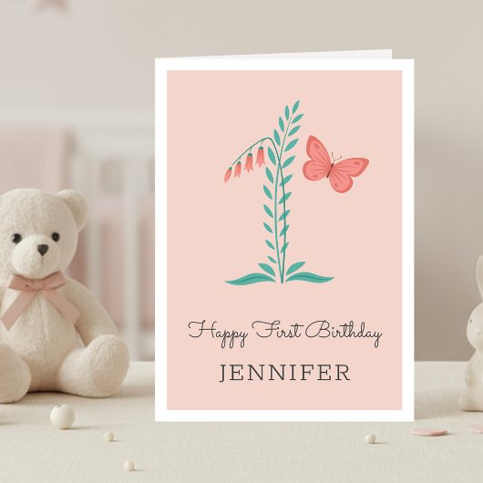 ハッピーファーストバースデーベビーガールバタフライフローラカード カード