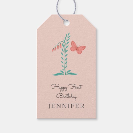 ハッピーファーストバースデーベビーガールバタフライフローラ ギフトタグ (正面)