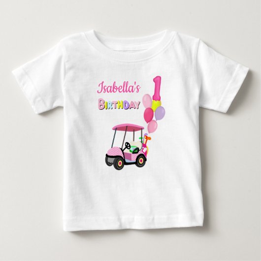 ハッピーファーストバースデー水玉模様ピンクゴガーリールフ ベビーTシャツ (正面)