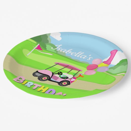 ハッピーファーストバースデー水玉模様ピンクゴガーリールフ ペーパープレート (アングル)