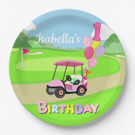 ハッピーファーストバースデー水玉模様ピンクゴガーリールフ ペーパープレート (正面)