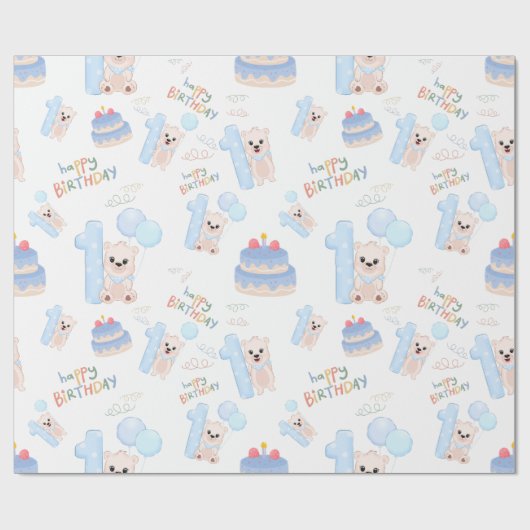 ハッピーファーストバースデー男の赤ちゃんかわいいブルーベア ラッピングペーパー (フラット)