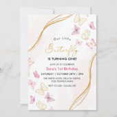 ハッピーファーストバースデー ピンクとゴールドの蝶のテーマ 招待状 (正面)