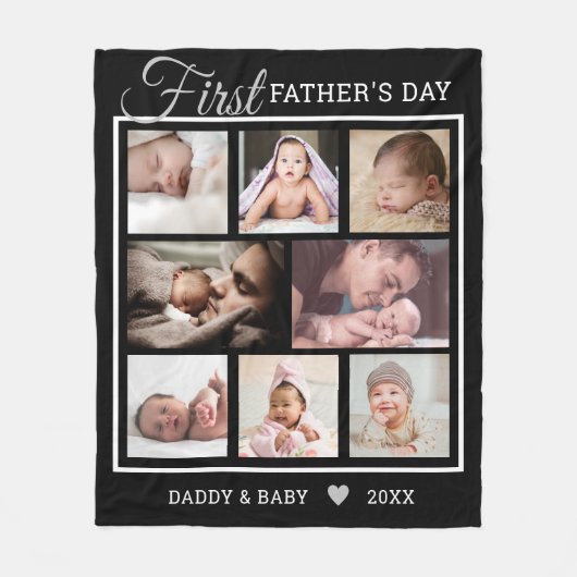 ハッピーファーストファーストデー8フォトコラージュブラック フリースブランケット (正面)