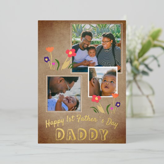 ハッピーファーストファーズデイダディーフラワー3写真金ゴールド 箔シーズンカード (立ち正面)