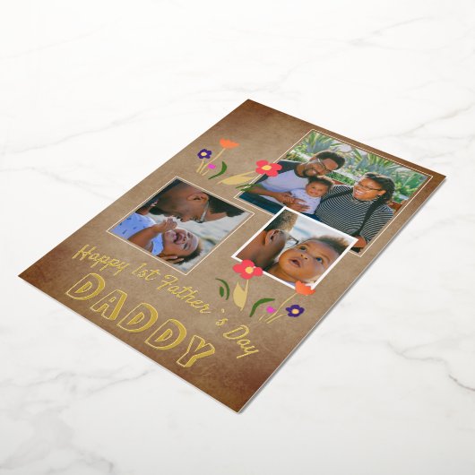 ハッピーファーストファーズデイダディーフラワー3写真金ゴールド 箔シーズンカード (回転した状態)