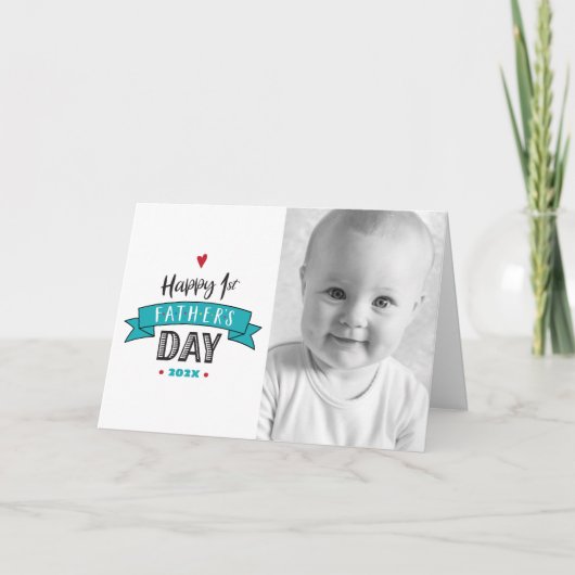 ハッピーファーストファーズデイ写真はっきりしたタイポグラフィティール(緑がかった色) カード (正面)