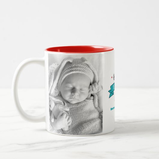 ハッピーファーストファーズデー2フォトタイポグラフィターコイズ ツートーンマグカップ (左)