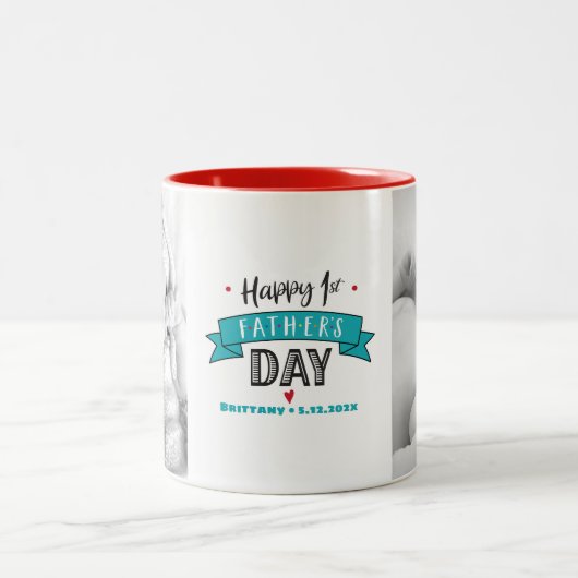 ハッピーファーストファーズデー2フォトタイポグラフィターコイズ ツートーンマグカップ (中央)