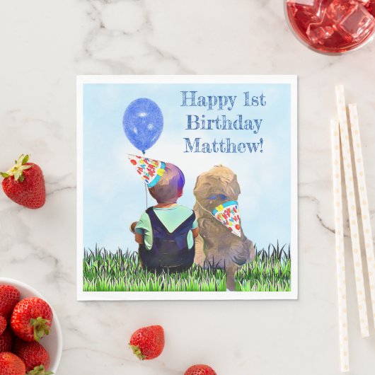 ハッピーファースト男の赤ちゃんと犬 スタンダードランチョンナプキン (インサイチュ)