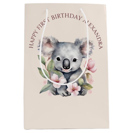 ハッピーファースト誕生日ウォーターカラーコアラ ミディアムペーパーバッグ (正面)